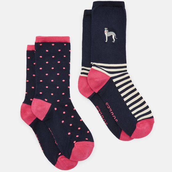 Joules Womens Everyday 2 Pk Socks Navy Dog