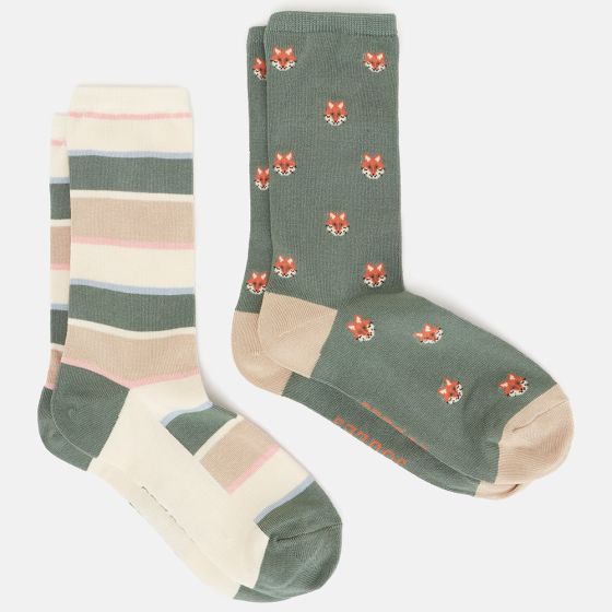 Joules Womens Everyday 2 Pk Socks Khaki Fox