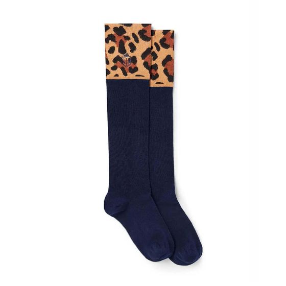 Fairfax & Favor Ladies Signature Knee High Socks-Navy & Leopard